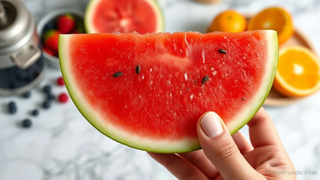 Close-up of a juicy watermelon slice with water droplets