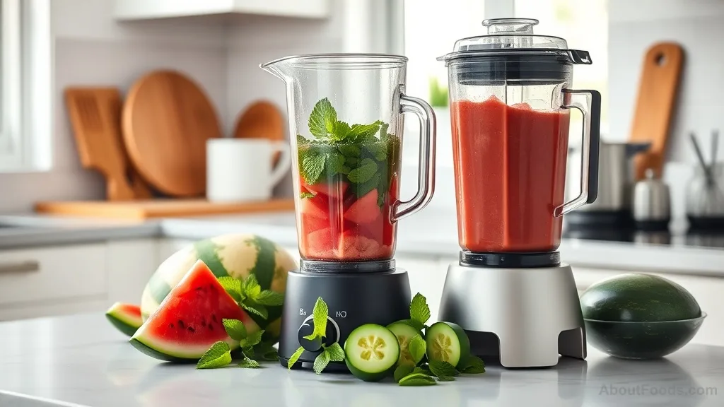 Blender making a hydrating watermelon and cucumber smoothie with fresh ingredients