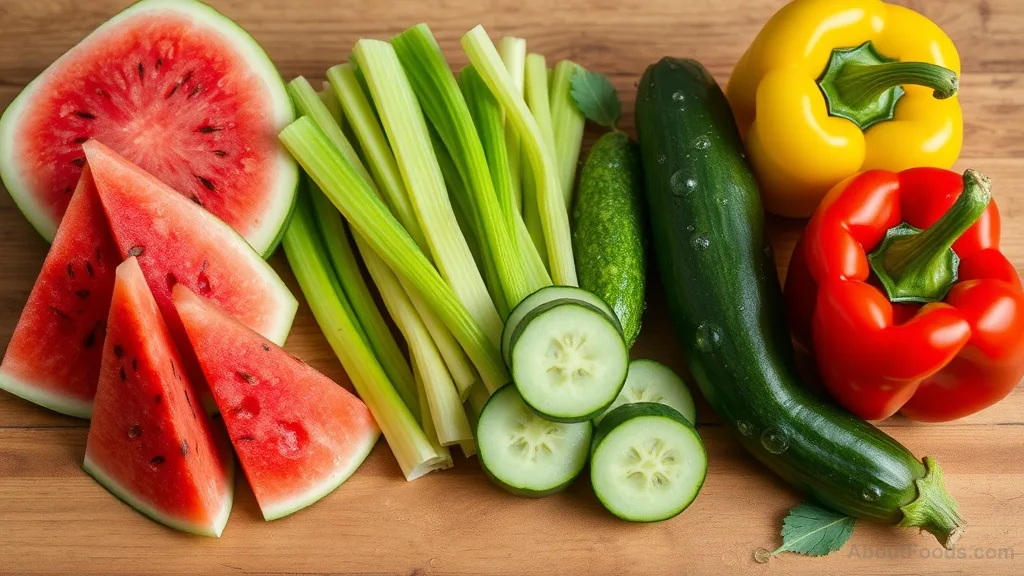 Colorful array of water-rich fruits and vegetables for hydration