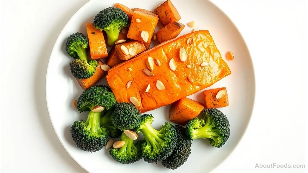 Balanced meal with salmon, sweet potato, broccoli and almonds on a plate