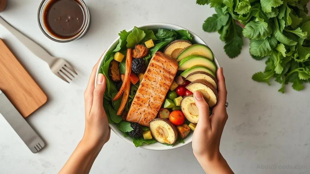 Hands building a balanced meal bowl with protein, vegetables, and healthy fats