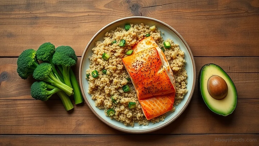 A balanced plate with salmon, quinoa, broccoli, and avocado