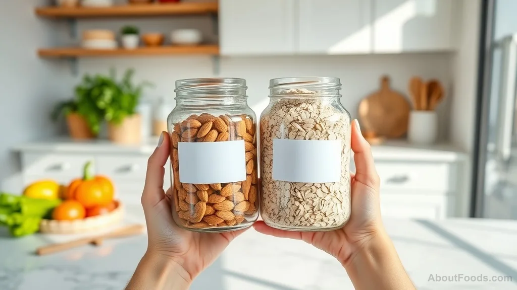 Hands holding jars of almonds and oats in a kitchen
