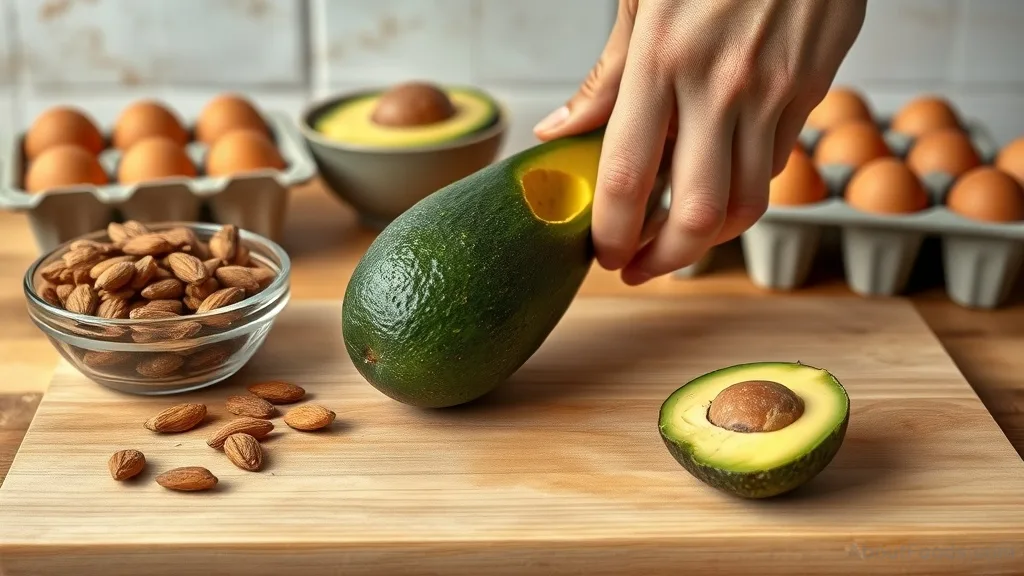 Chopping avocado with eggs and almonds nearby