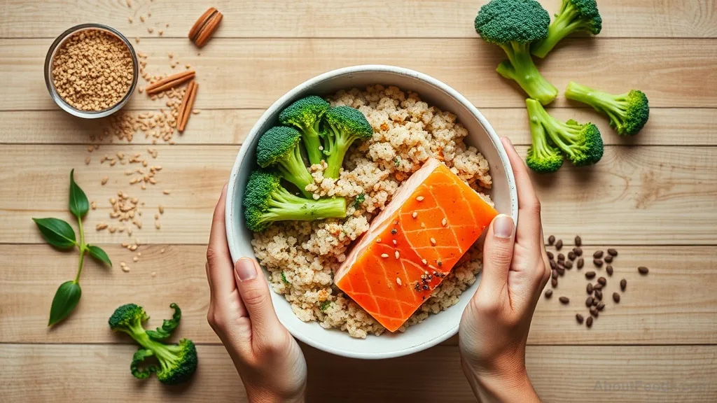 Hands building a balanced macro bowl with salmon, rice, and vegetables