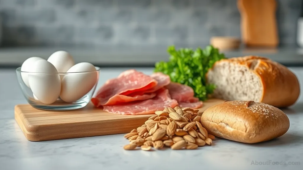 Scattered ingredient lineup of eggs, steak, almonds, and whole wheat bread
