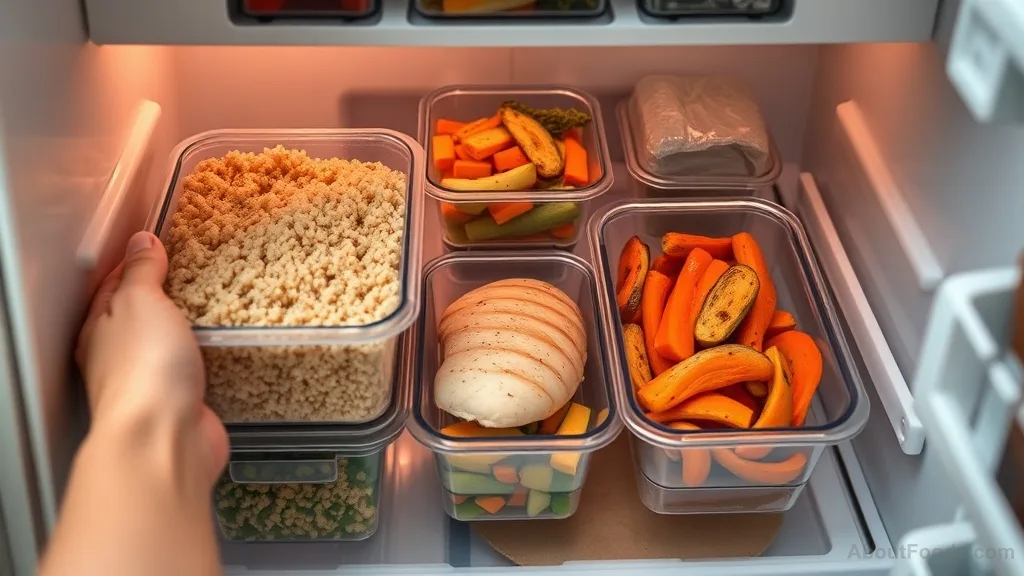 Pre-portioned meal prep containers being placed in a refrigerator