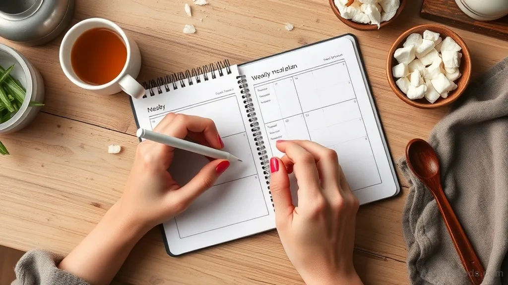 Writing a weekly meal plan in a notebook
