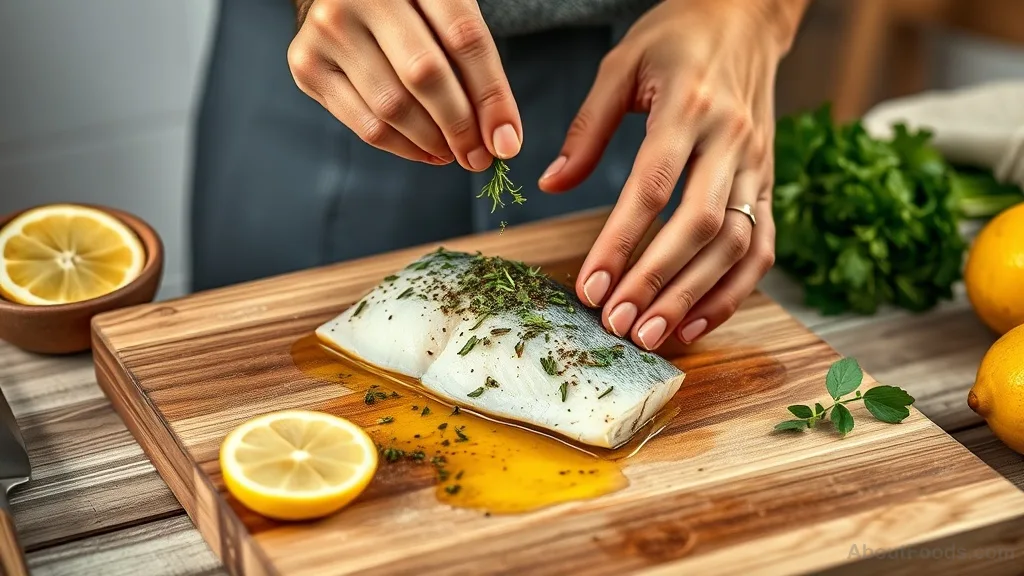 Hands seasoning fish with herbs and olive oil for a healthy meal