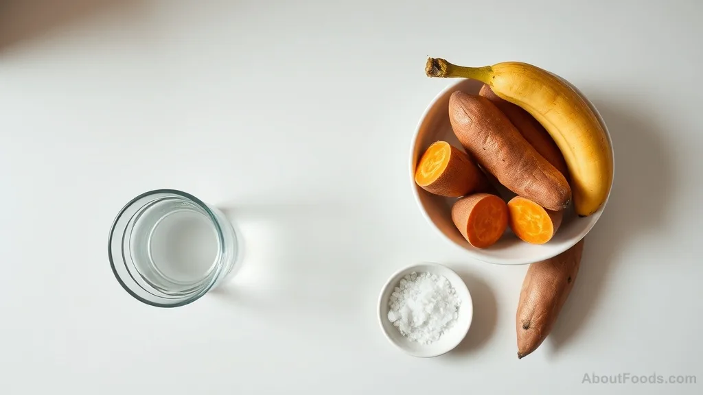 Hydration and potassium-rich foods like bananas and sweet potatoes on a kitchen counter.