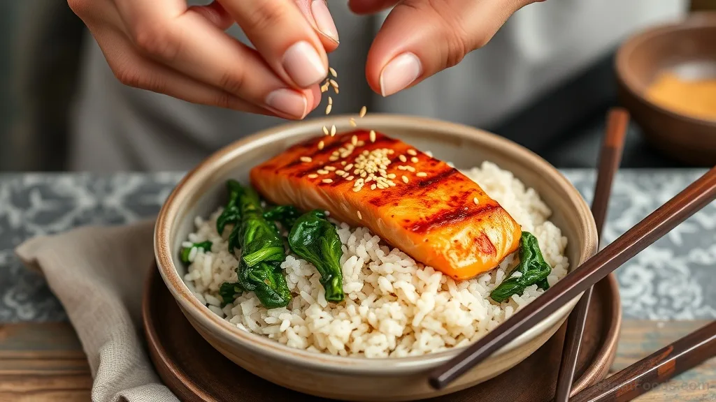 Hands adding sesame seeds to a balanced meal of salmon, rice, and spinach
