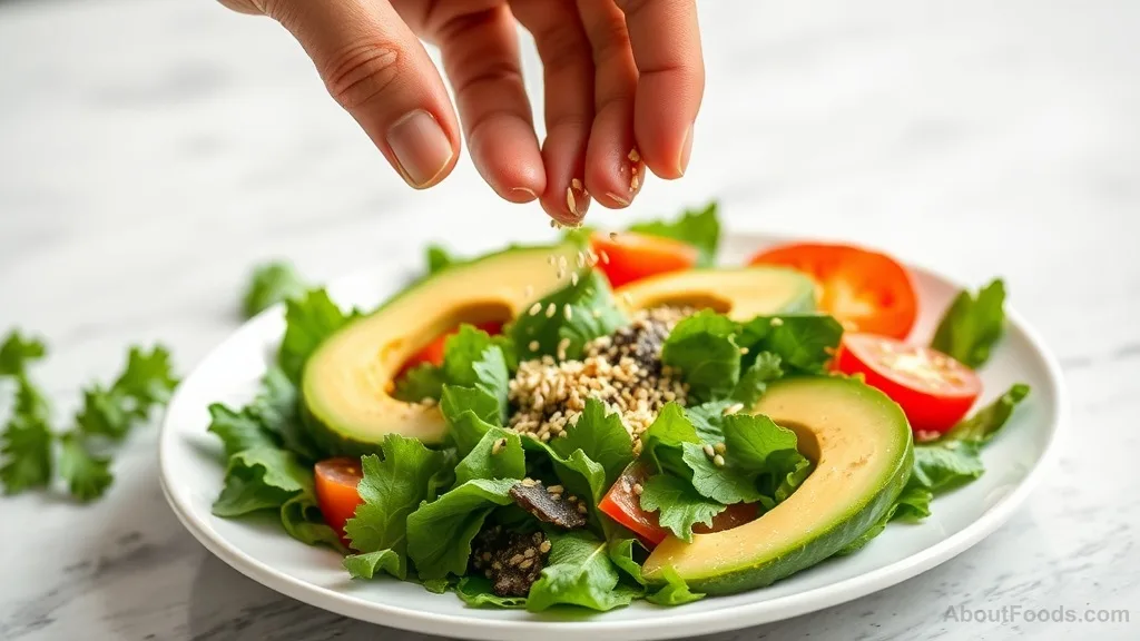 Sprinkling sesame seeds on a fresh green salad