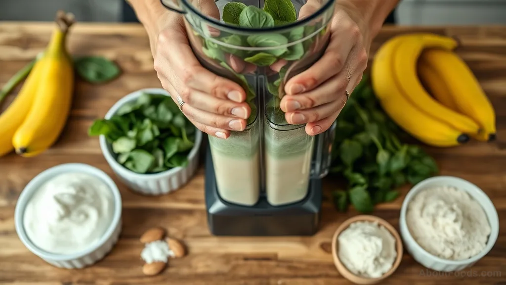 Hands making a post-workout smoothie with banana, spinach, and Greek yogurt