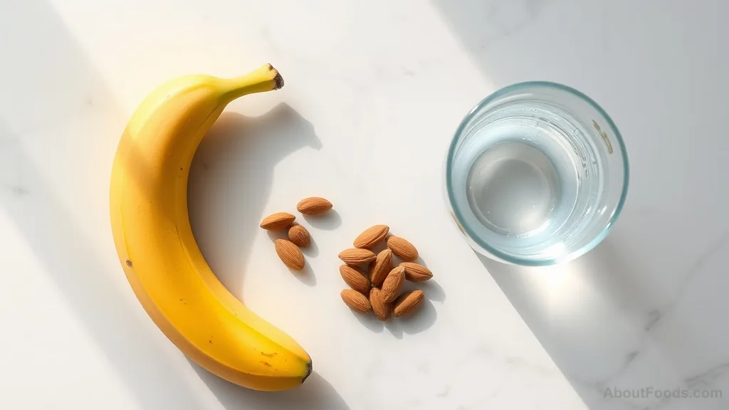 Pre-workout snack of banana and almonds with water.