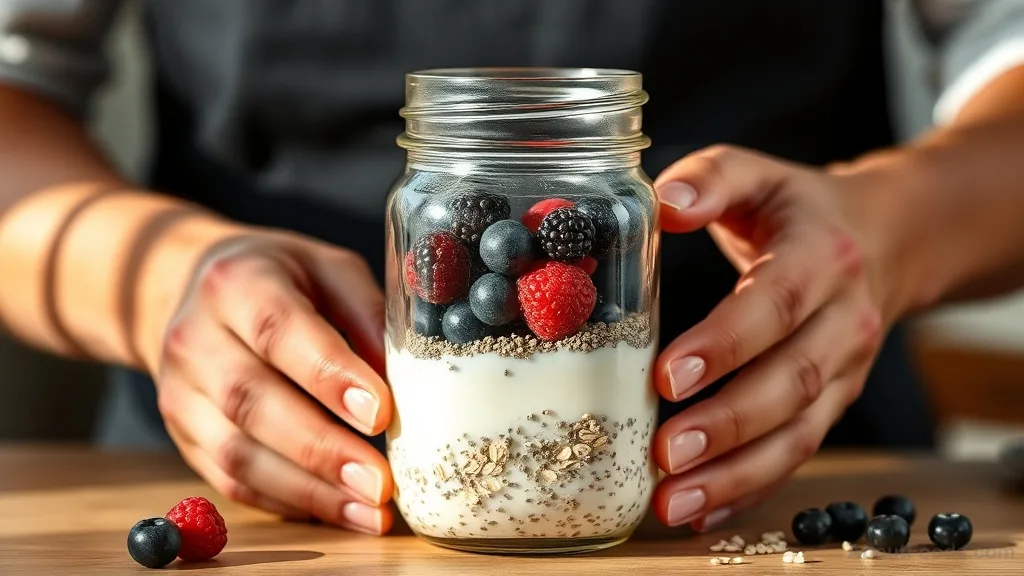Preparing overnight oats with Greek yogurt and berries for easy breakfast