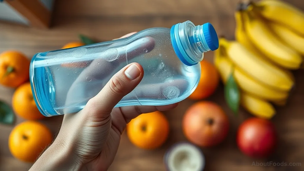 Athlete's hand holding a water bottle with hydrating fruits nearby