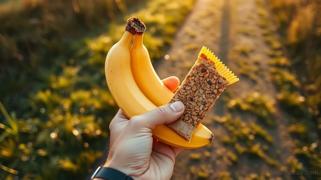 Hand holding banana and granola bar on a running trail