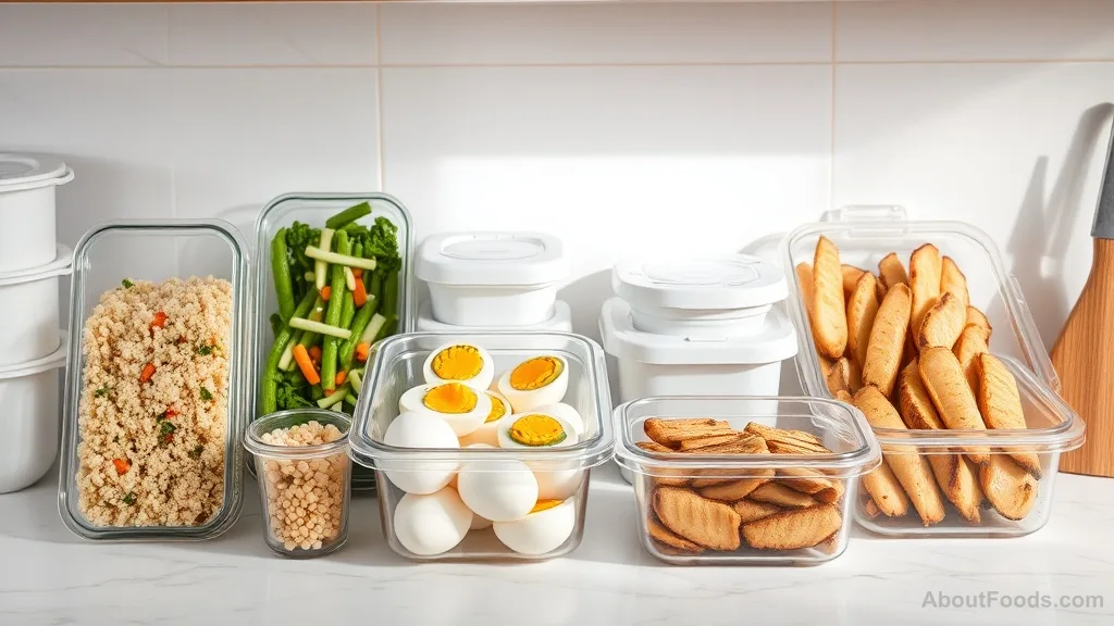 Meal prep containers with cooked quinoa, vegetables, eggs, and chicken ready for the week.