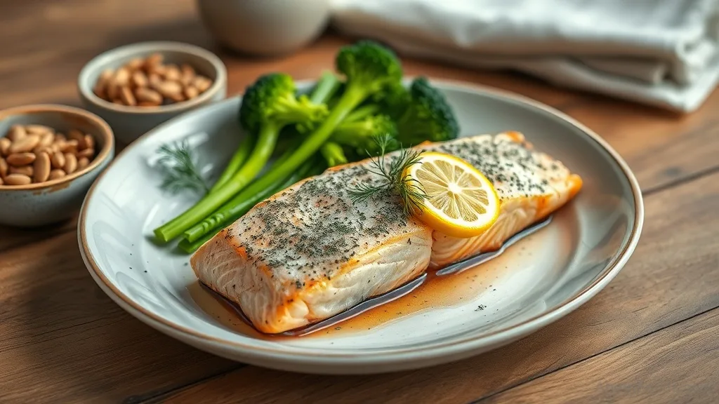 Plated roasted salmon with lemon, fresh dill, and broccoli, next to a bowl of sunflower seeds.