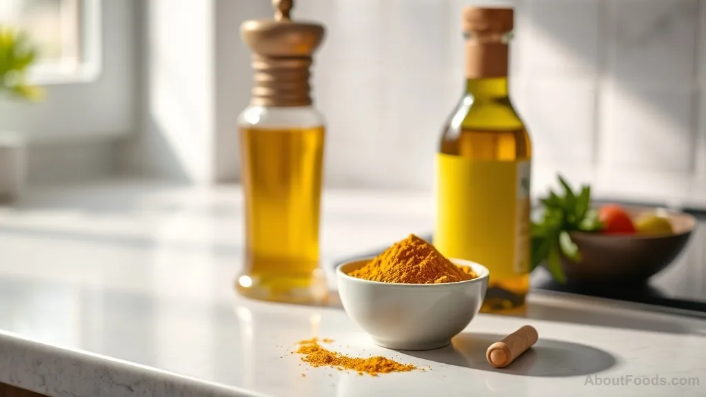 Turmeric and black pepper on kitchen counter for curcumin absorption