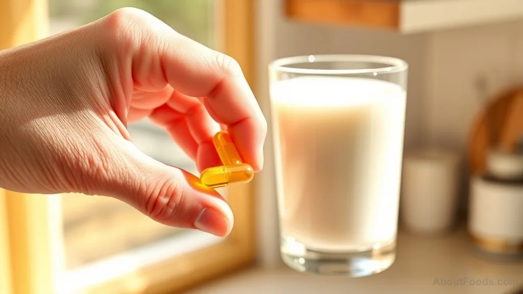A hand holding a vitamin D softgel and a glass of milk near a sunny window.
