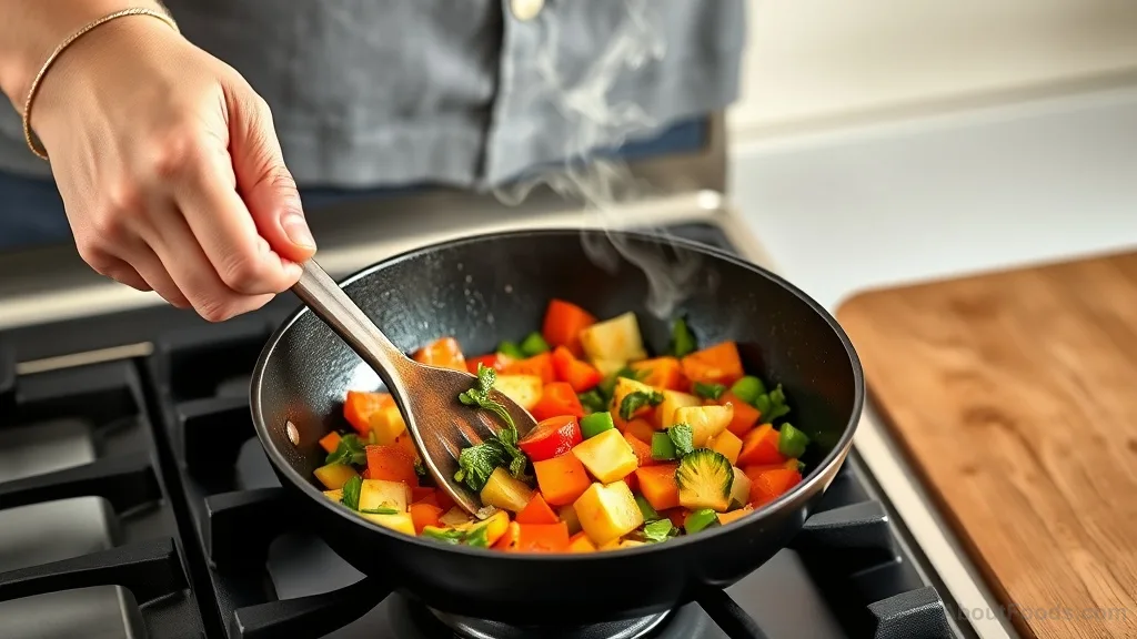 Person sautéing colorful vegetables in a cast iron skillet