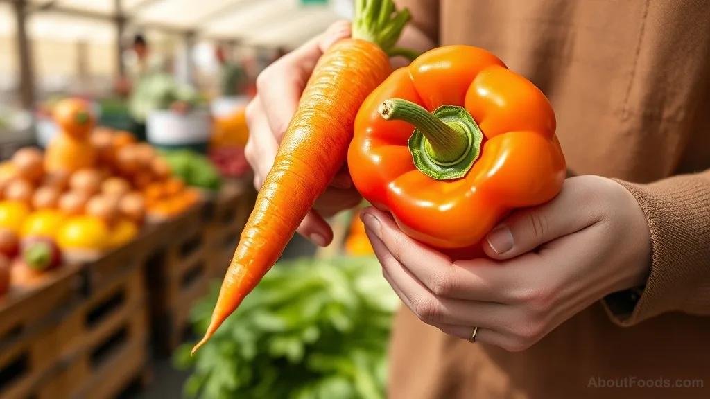 Hands holding a carrot and a red bell pepper at a farmer's market