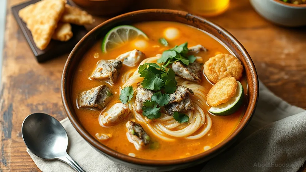 Mohinga: Burmese Rice Noodle Fish Soup with Lemongrass and Banana Stem
