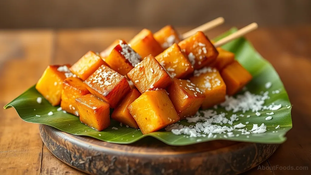 Camote Cue with Coconut (Caramelized Sweet Potato Skewers)