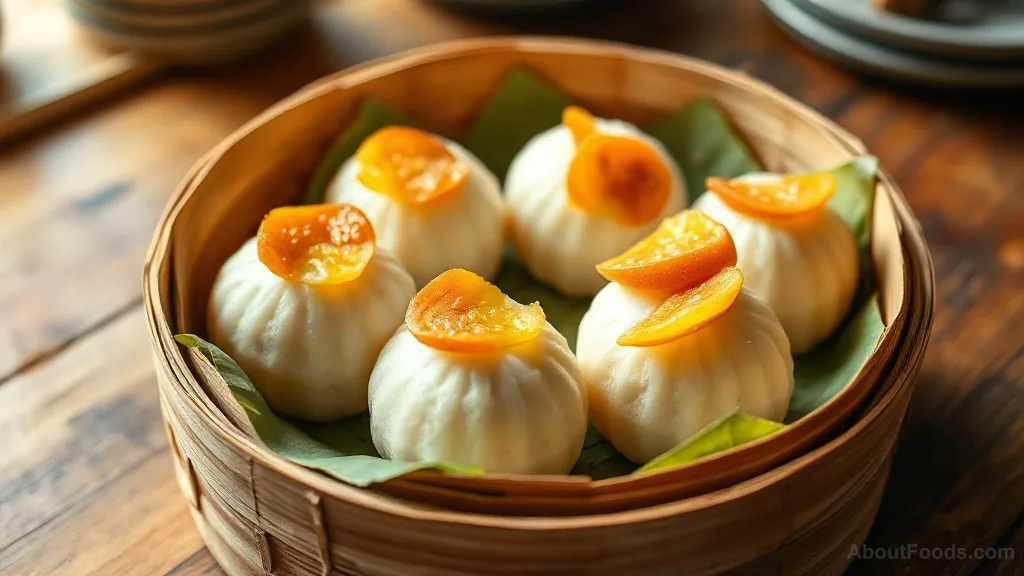 A bamboo steamer basket lined with banana leaves filled with pale yellow puto rice cakes topped with orange salted egg slices, on a rustic wooden table
