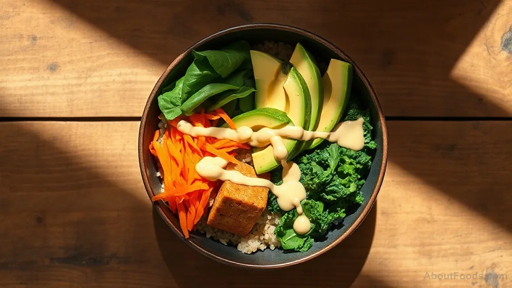 Vegan Buddha Bowl with Brown Rice, Tempeh, and Steamed Kale