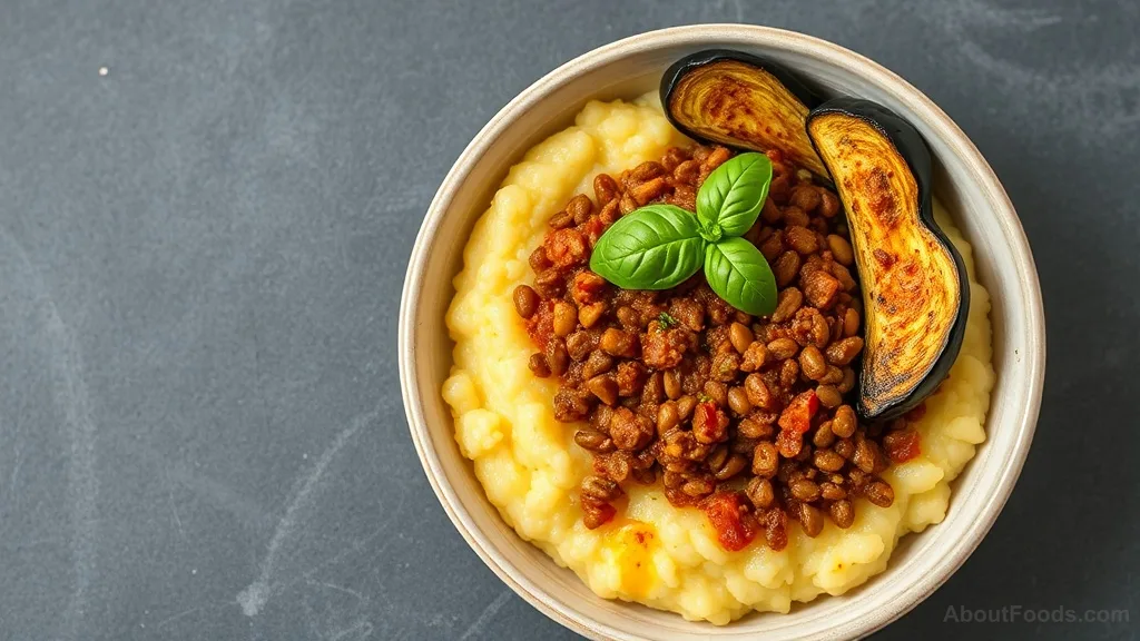 Lentil Bolognese with Roasted Eggplant and Polenta