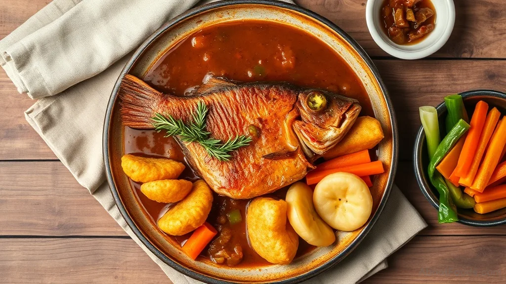 Jamaican Brown Stew Fish with Bammy, Festival, and Steamed Vegetables
