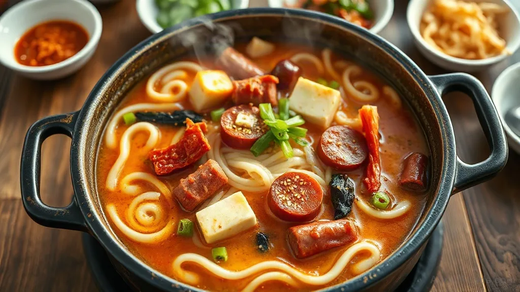Korean Army Stew (Budae Jjigae) with Udon and Rice Cakes