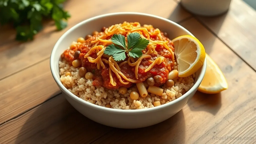 Lebanese Koshari: Lentils, Rice, Pasta, and Spiced Tomato Sauce