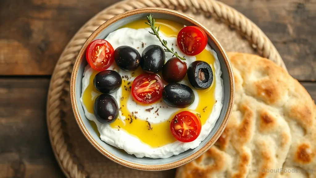 Labneh with Tomato and Olives (Lebanese Creamy Yogurt Spread)