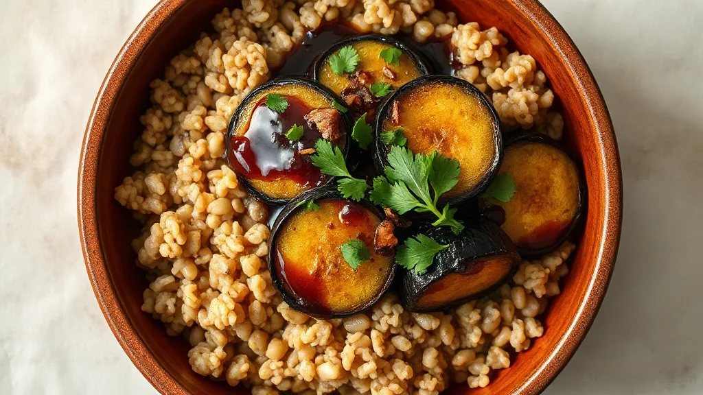 Mjadrat Batenjan (Lentils, Rice, and Eggplant) with Pomegranate Molasses