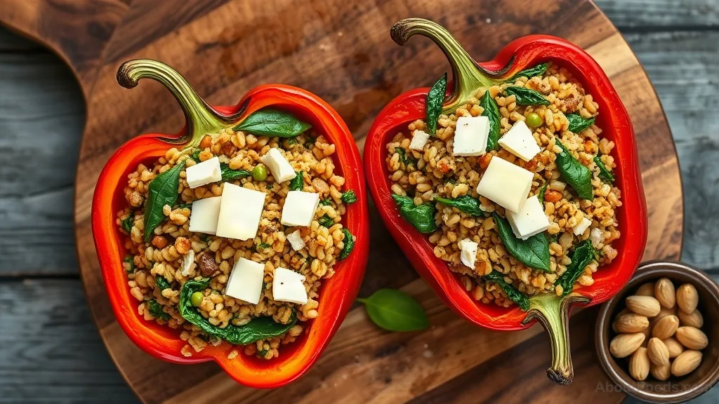 Stuffed Bell Peppers with Farro, Spinach, and Pine Nuts