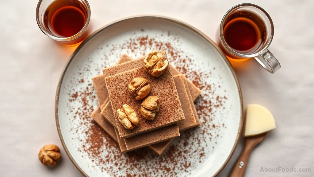 Soft Turkish ezme helva served on a flat plate, dusted with cocoa powder, with a few walnuts on top