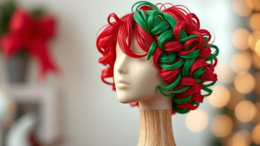 A wooden wig stand holding a curly red and green holiday-themed wig.