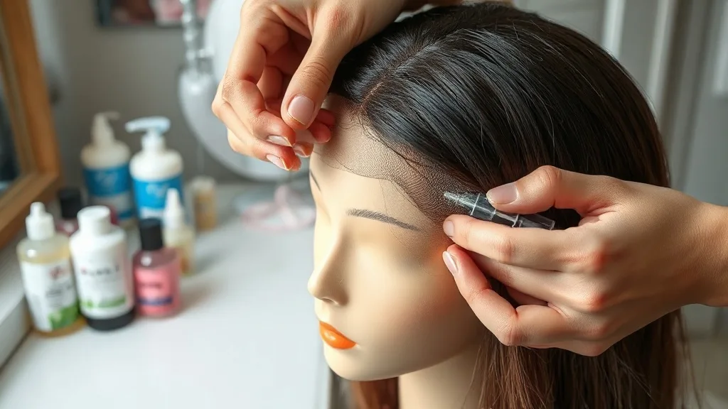 Applying wig glue along the hairline of a lace front wig