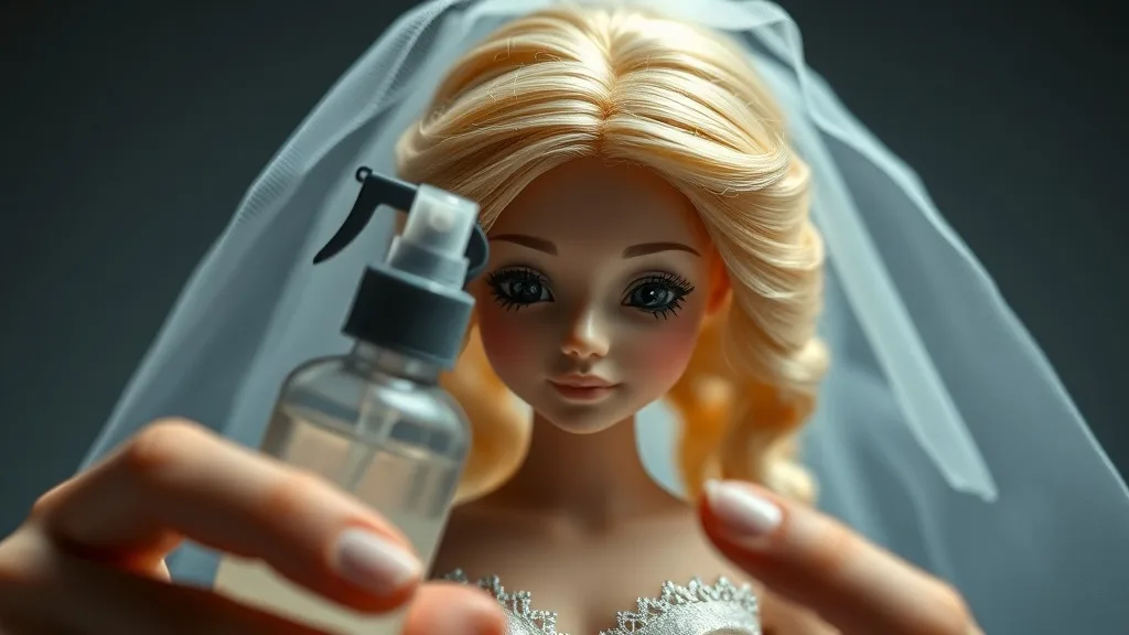 A tiny synthetic wig on a doll head being sprayed with a small bottle of wig cleanser