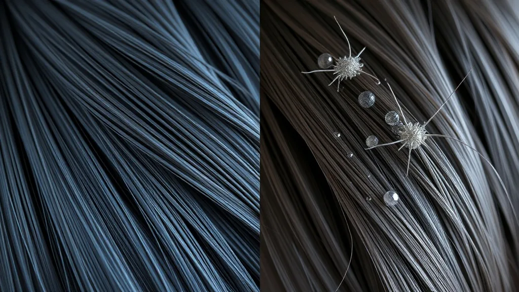 Microscopic view comparing a clean wig fiber with a dirty one, showing residue and damage on the unwashed fiber