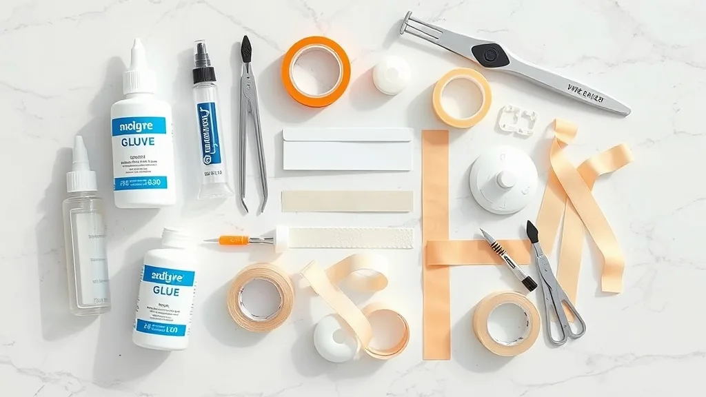 Assorted wig adhesives, tapes, and applicators arranged on a clean white surface