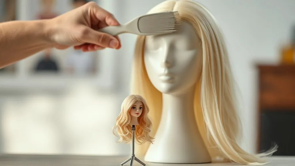 A person gently brushing a full-size wig on a stand, with a tiny doll wig visible in the foreground for scale