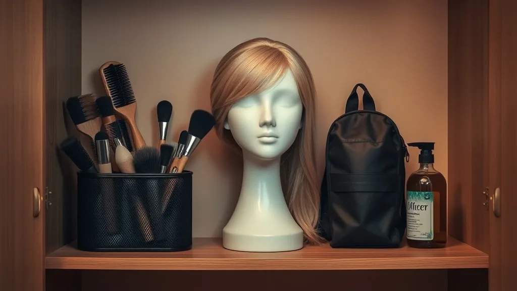 A wig storage station featuring a mannequin head, brushes, and a silk bag