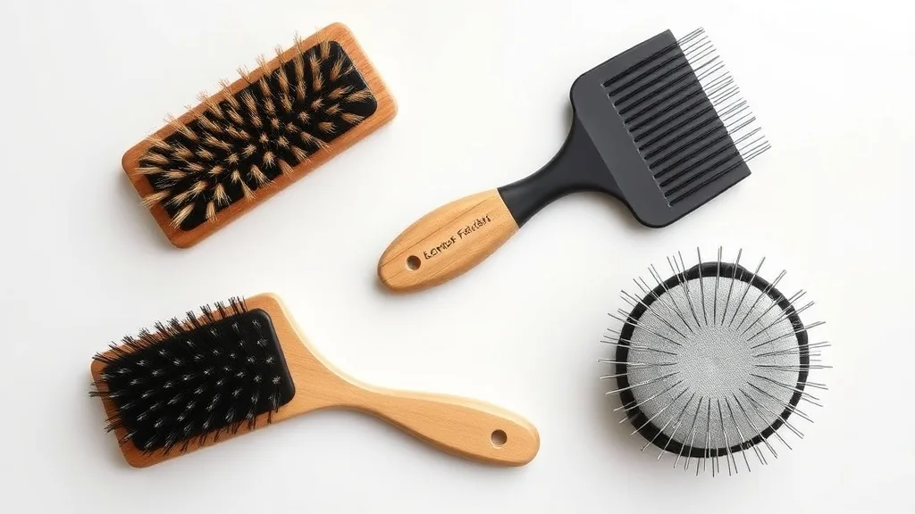 Three wig brushes side by side: boar bristle, nylon bristle, and wire pin brush