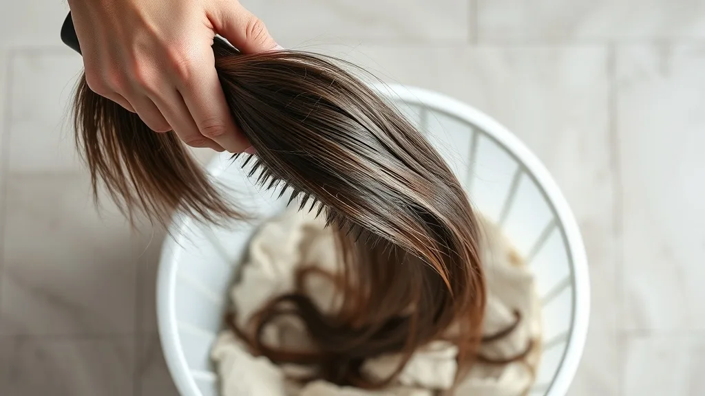 Hands pulling tangled hair out of a wig brush bristles over a trash can