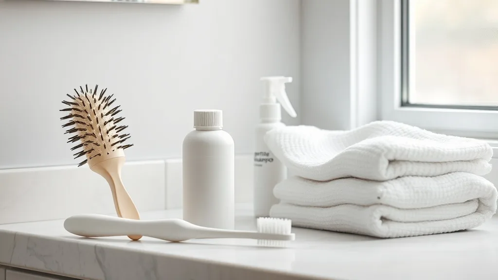 Small toothbrush and a spray bottle next to a wig brush on a towel