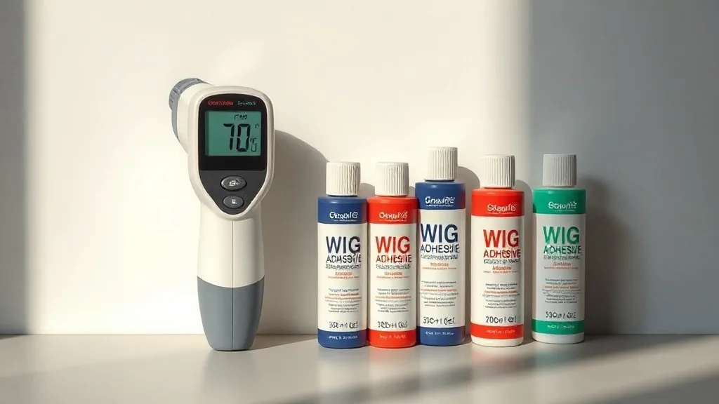 A thermometer next to wig adhesives to show ideal storage temperature